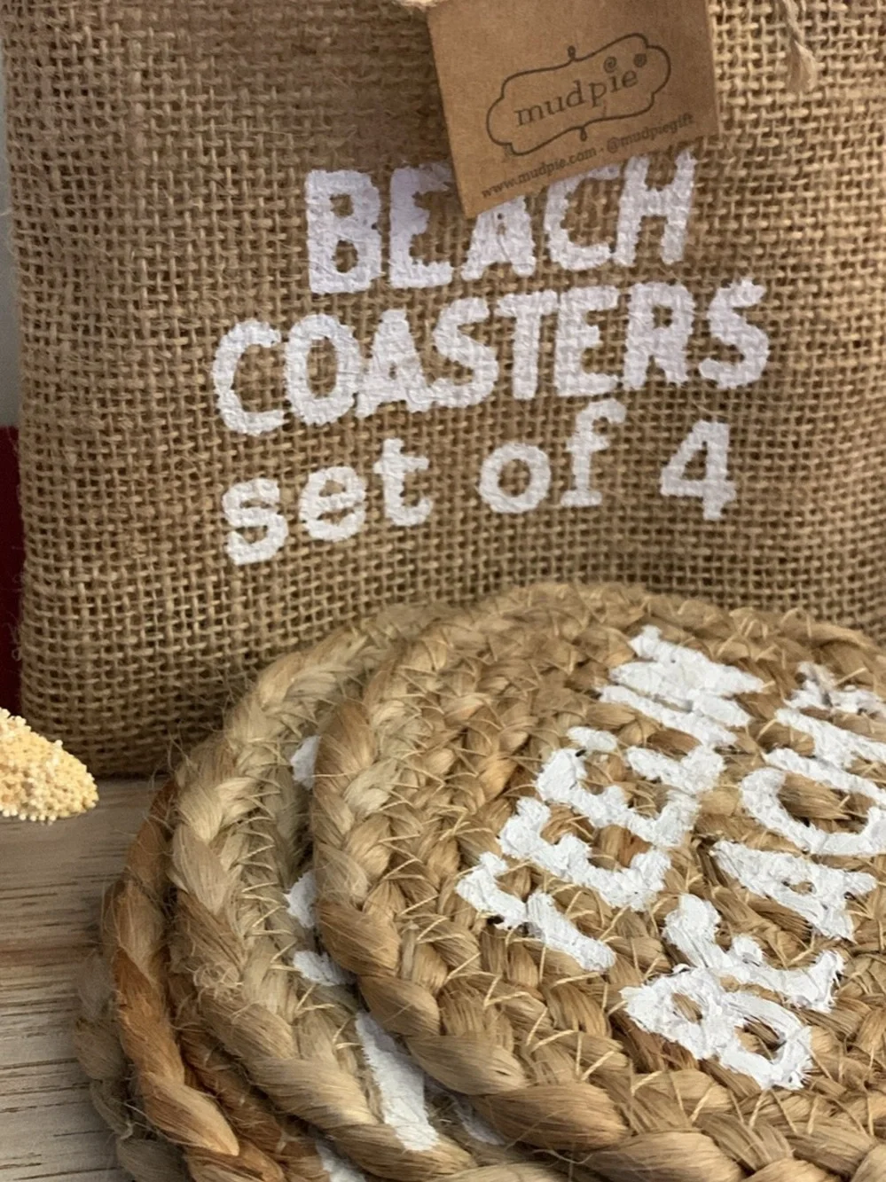 Mud Pie Natural Jute Coaster Set with White Lettering